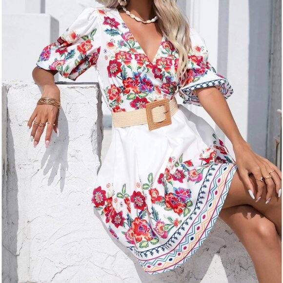 Boho Floral Print Puff Sleeve Dress Without Belt - Picture 4 of 5